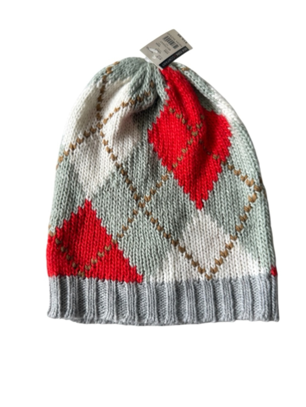 NWT New York & Company argyle beanie in a red, white, and grey pattern one size